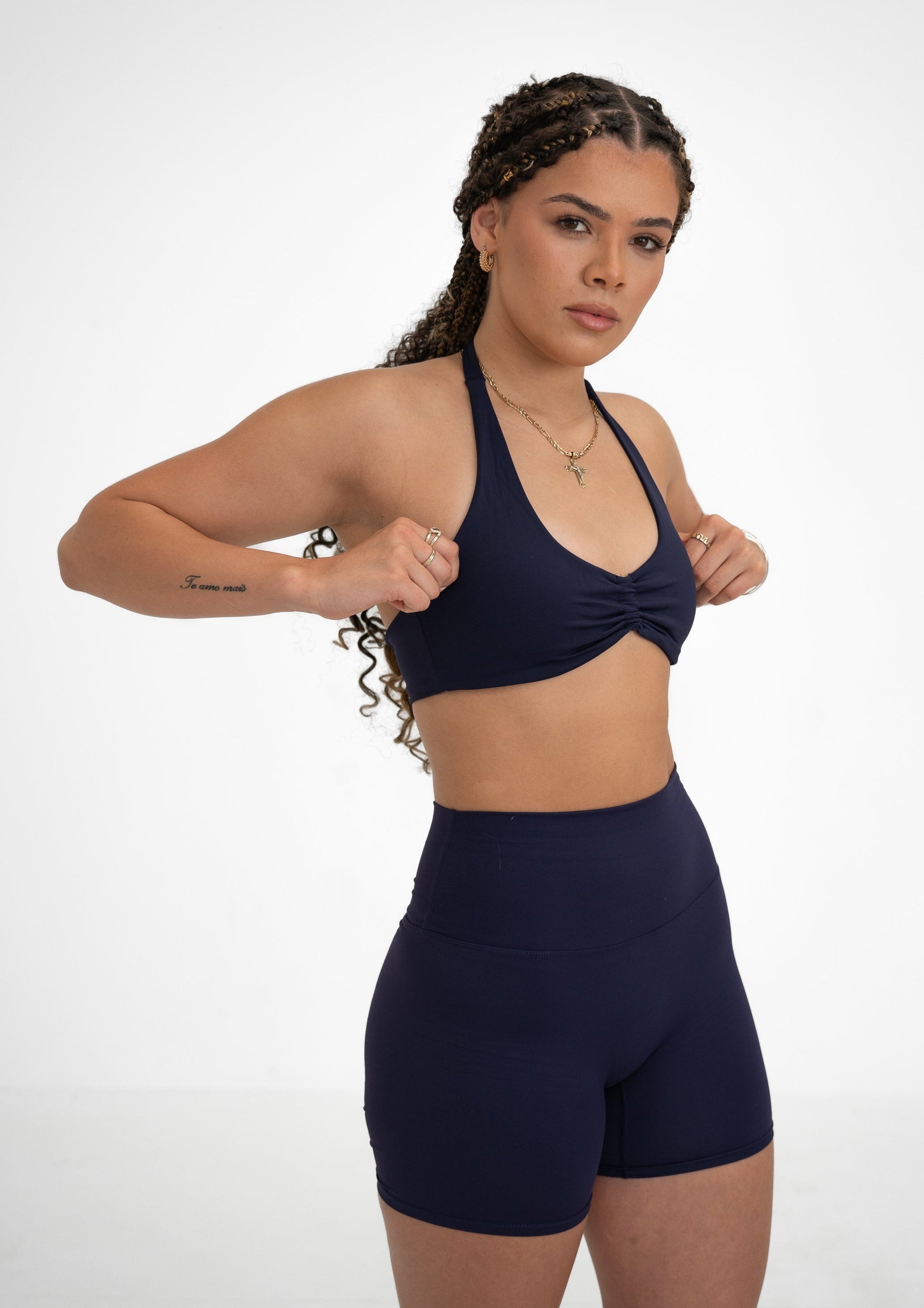 girl model wearing navy blue activewear set